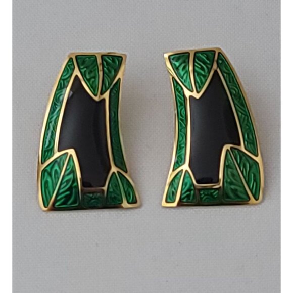 Berebi Jewelry - Vintage Edgar Berebi Art Deco Style Enamel & Black Gold-Tone Post Earrings